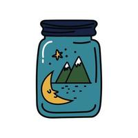 Glass jar with mountains inside. Crescent moon and mountains on a blue background inside a closed jar. Conceptual vector illustration of tourism and outdoor recreation isolated.