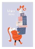 dibujos animados santa lleva una enorme pila de regalos navideños. tarjeta de felicitación con papá noel. ilustración de stock vectorial aislada sobre fondo azul. vector