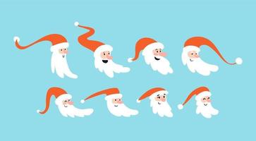 Set of funny cartoon Santa Claus heads on a blue background. Collection of assorted Santa heads in red caps. Vector stock illustration isolated.