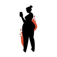 Female silhouette with a phone in hand on a white background. Plump plus size girl posing. Vector stock illustration of woman take selfie isolated.