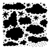 WebCollection of clouds. A set of silhouettes of various stars, sun and raindrops. Thunderclouds, cloudy weather. Vector illustration of hand drawn sky silhouettes on white background.