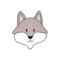 Cartoon gray wolf head isolated. Colored vector illustration of a wolf head with an outline on a white background. Cute illustration of a predatory animal.