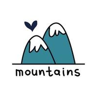 Simple doodle mountains with a heart. Rounded blue mountains with snowy ridges. Vector stock illustration of mountain peaks with text isolated on white background.