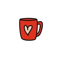 Cartoon red cup outline. Hand-drawn mug with heart. Vector stock illustration of cute red mug isolated on white background.