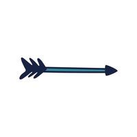 Colored cartoon arrow. Hand-drawn boho arrow with a tip and feathers. Vector stock illustration of decorative hunting weapon element in blue isolated on white background.