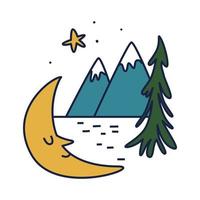 A crescent moon against the background of mountains and the river surface. Sleeping moon with snow-capped mountain ranges isolated. Cartoon vector illustration of hiking and outdoor recreation.