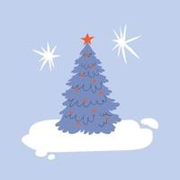 Cartoon Christmas tree with a red star on the snow on a blue background. Christmas greeting card. Vector stock illustration isolated