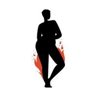 Female silhouette on a white background. Girl power with fiery forms posing. Vector stock illustration of a confident woman without complexes isolated.