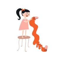 Cartoon girl with a red bow reads a long wish list while standing on a chair. A brunette in a pink dress is standing on a chair with a scroll in her hands. Vector stock illustration isolated