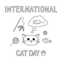 International Cat day vector lined postcard. Isolated linear cartoon cat dreaming about mouse toy on white background