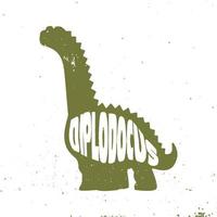 diplodocus colorful dinosaur with lettering and texture. Vector illustration.