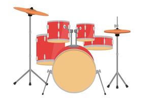 Red drum set vector design. Drum kit flat style vector illustration isolated on white background. Drum set with cymbals musical instruments. Drum set clipart. Percussion instruments family