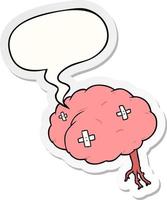 cartoon injured brain and speech bubble sticker vector