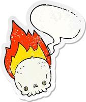 spooky cartoon flaming skull and speech bubble distressed sticker vector