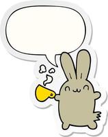 cute cartoon rabbit drinking coffee and speech bubble sticker vector