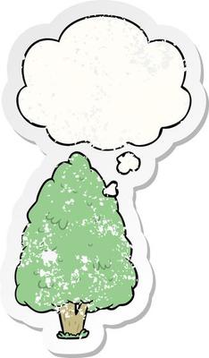 cartoon tall tree and thought bubble as a distressed worn sticker