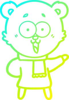 cold gradient line drawing laughing teddy  bear cartoon in winter clothes vector