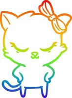 rainbow gradient line drawing cute cartoon cat with bow vector