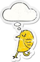 cartoon bird and thought bubble as a distressed worn sticker vector