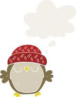 cute cartoon owl in hat and thought bubble in retro style vector