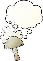 cartoon mushroom with spore cloud and thought bubble in smooth gradient style vector