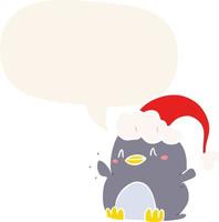 cartoon penguin wearing christmas hat and speech bubble in retro style vector