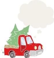 cartoon pickup truck carrying trees and thought bubble in retro style vector