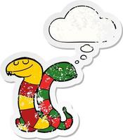 cartoon snakes and thought bubble as a distressed worn sticker vector