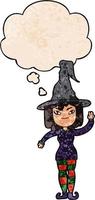 cartoon witch and thought bubble in grunge texture pattern style vector