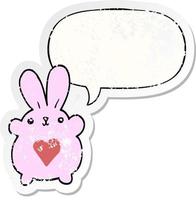 cute cartoon rabbit and love heart and speech bubble distressed sticker vector