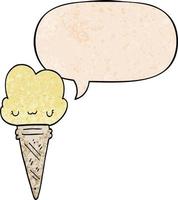 cartoon ice cream and face and speech bubble in retro texture style vector