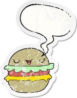 cartoon burger and speech bubble distressed sticker vector