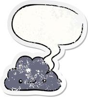linda nube de dibujos animados y etiqueta engomada angustiada de la burbuja del discurso vector