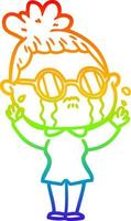 rainbow gradient line drawing cartoon crying woman wearing spectacles vector