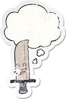 cartoon laughing knife and thought bubble as a distressed worn sticker vector