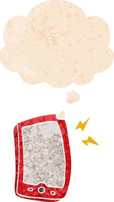 cartoon mobile phone and thought bubble in retro textured style
