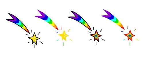 icono de estrellas del arco iris fugaz. cola de cometa arcoíris o rastro de estrellas. estrella de navidad sueño y éxito. vectorial, ilustración. vector