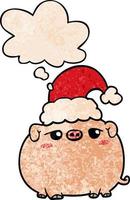 cartoon pig wearing christmas hat and thought bubble in grunge texture pattern style vector