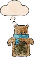 cartoon bear with scarf and thought bubble in grunge texture pattern style vector