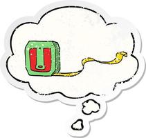 cartoon tape measure and thought bubble as a distressed worn sticker vector
