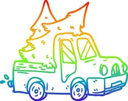 dibujo de línea de gradiente de arco iris camioneta con árboles de navidad vector