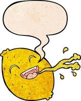 cartoon squirting lemon and speech bubble in retro texture style vector