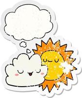 cartoon sun and cloud and thought bubble as a distressed worn sticker vector