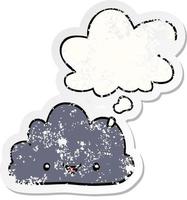 cartoon tiny happy cloud and thought bubble as a distressed worn sticker vector