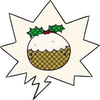 cartoon christmas pudding and speech bubble in comic book style vector