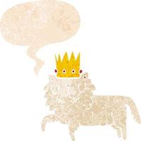 gato de dibujos animados con corona y burbuja de habla en estilo retro texturizado vector