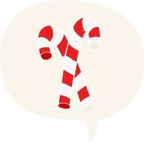cartoon candy canes and speech bubble in retro style vector