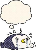 pingüino llorando de dibujos animados y burbuja de pensamiento al estilo de un libro de historietas vector