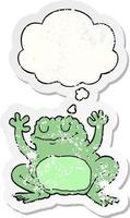 cartoon frog and thought bubble as a distressed worn sticker vector