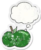 cartoon cute apple and thought bubble as a distressed worn sticker vector